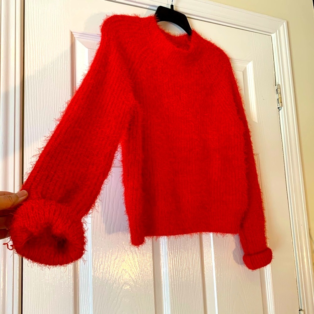 Pink Rose vibrant Red fuzzy sweater soft roll up sleeves